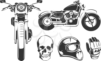 Elements for vintage vector motorcycle labels. Motorbike and skull, gloves and motorcycle helmet