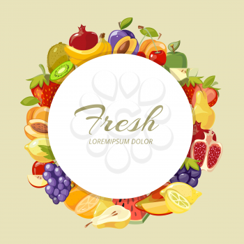 Nature food menu vector background with cartoon fruits. Frame round nutrition tropical for fruit, pomegranate and grape frame template illustration