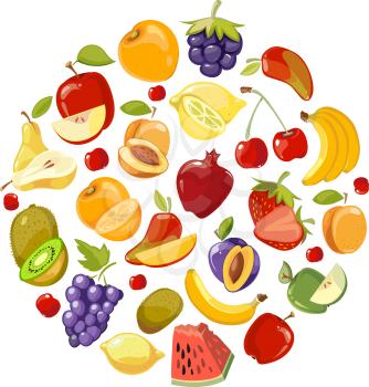 Circle made of fruits vector flat icons. Healthy organic food concept background. Set of nature fruits in form round. Apple banana and blackberry fruits illustration