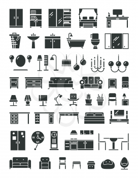 Home furniture vector icons. Set of furniture for home and office, illustration furrniture table bed and armchair for room