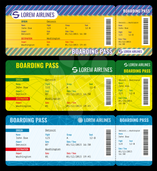 Airline boarding pass modern tickets vector mockup. Ticket template to charter plane, pass boarding ticket travel illustration