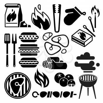 Black barbecue, food flyer, BBQ vector icons. Food bbq grill and meat steak cook. Cooking bbq lunch with beef on fire illustration