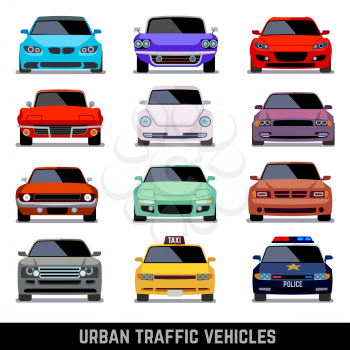 Urban traffic vehicles, car icons in flat style. Model car, police car and vehicle urban car. Vector illustration