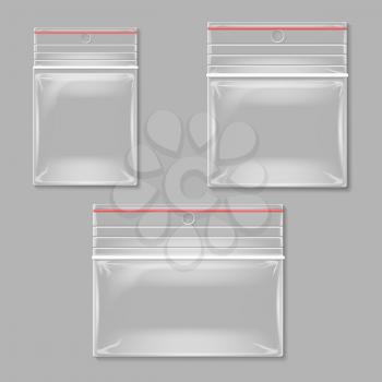 Blank transparent plastic zipper bag vector set. Empty container plastic, polythene container set illustration