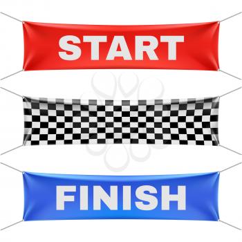 Starting, finishing, and checkered vinyl banners with folds. Sport flag start and finish, banner checkered for competition race. Start or finish sign illustration vector set