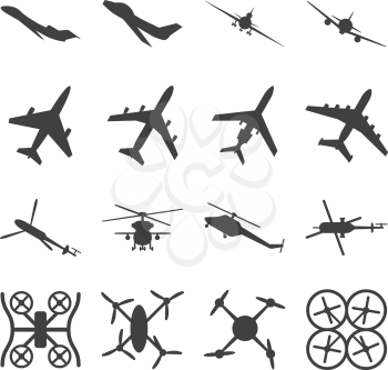 Aircrafts, helicopters, drones black vector icons. Set of aircraft quadrocopte and helicopter. Military aircraft illustration
