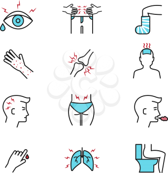 Illness and diseases symptoms vector outline icons with flat elements. Diagnosis symptom and unhealthy sickness influenza, symptom of diseases illustration