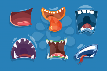 Cute monster mouths vector set. Monster expression funny, tongue and monster mouths with teeth illustration