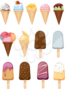 Ice cream vector set. Sweet ice cream with chocolate, dessert ice cream vanilla with strawberry illustration