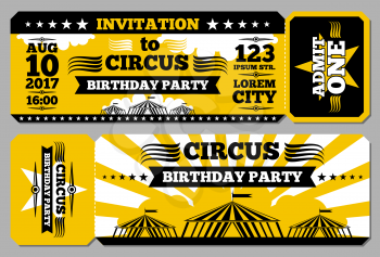 Circus ticket birthday card vector mockup. Invitation to birthday, illustration invitation template for circus