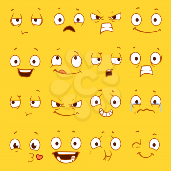Cartoon faces with different expressions vector set. Sad and happy emotions faces, angry and funny smile emotion illustration
