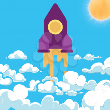 Rocket and white clouds cartoon vector. Startup success above clouds concept