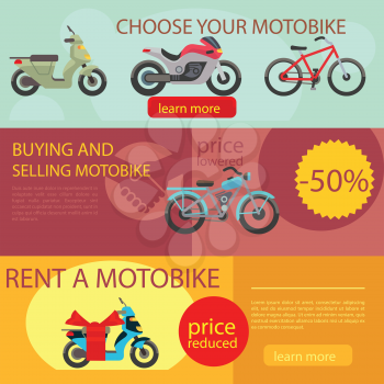 Motorcycles banners vector. Motorbike choose rent and buy banners