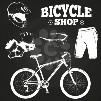 Bicycle shop products on blackboard - helmet, bicycle, gloves. Vector illustration