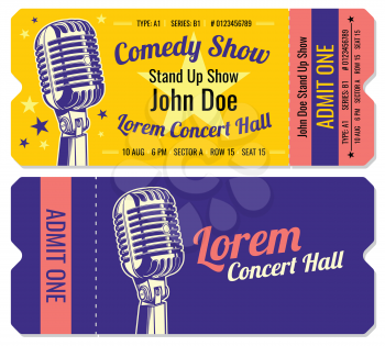 Stand up comedy show entrance vector tickets template. Comedian stand up tickets with microphone illustration