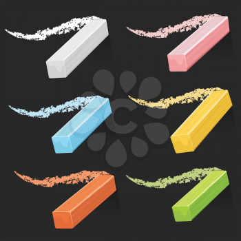 Colored artist chalks, pastel sticks with strokes on blackboard vector set. Collection of colored stick chalk in cartoon style illustration