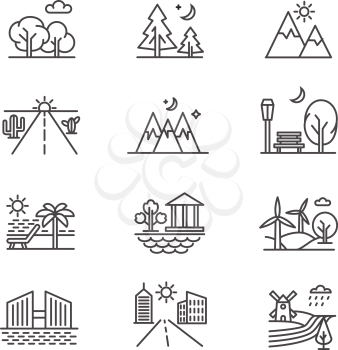 Nature line art landscapes with tree forest, desert, valley, mountains and seashore. Vector nature forest and beach, desert and landscape valley illustration