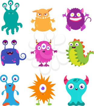 Cartoon funny monsters vector set for t-shirt design. Monster character animal, happy alien demon drawing illustration