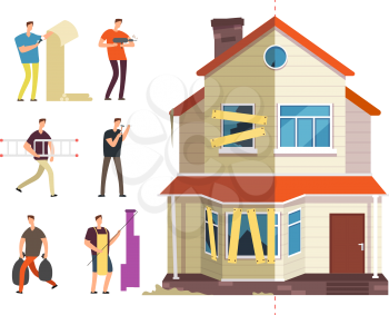 Old and new home. Renovation of house with repairer people. Building maintenance service isolated vector concept. Renovation house and new, home, old exterior residential illustration
