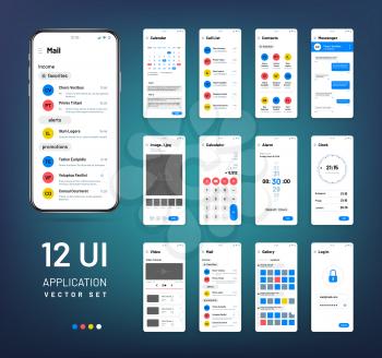 Screen wireframes. Mobile interface app wireframe kit. Ui vector templates. Application ui, weather and clock, email and alarm illustration
