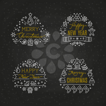Christmas holiday decorative vector emblems with winter festive xmas line icons and greeting text on chalkboard. Illustration of new year emblem, holiday line xmas