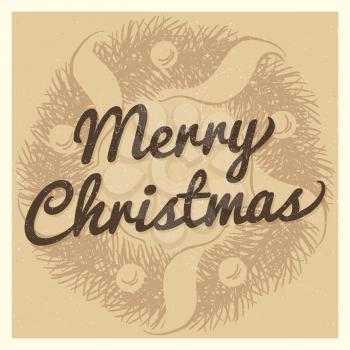 Vintage Christmas vector card template with hand drawn wreath illustration