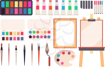 Painting tools. Cartoon paintbrush and canvas, easel and paints. Watercolor palette. Artistic vector set of easel and paint for drawing illustration