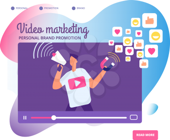 Viral video marketing. Personal brand promotion, social network communication and influencers videos market vector concept illustration. Illustration of viral advertising social marketing promotion