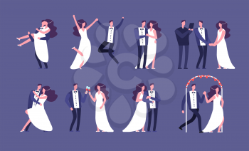 Married couples. Newly wed bride and groom, wedding celebration cartoon characters. Just married happy people vector set. Wife and husband, bridegroom and newlywed illustration