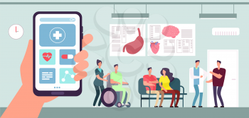 Medical app. Healthcare mobile phone application. Patient and nurse in doctor waiting room in hospital. Vector concept of smartphone app and medical hospital illustration