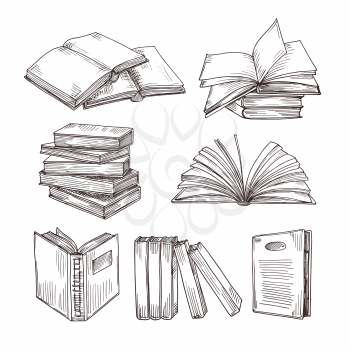 Sketch books. Ink drawing vintage open book and books pile. School education and library doodle vector symbols. Education book sketch, pile of literature drawing illustration