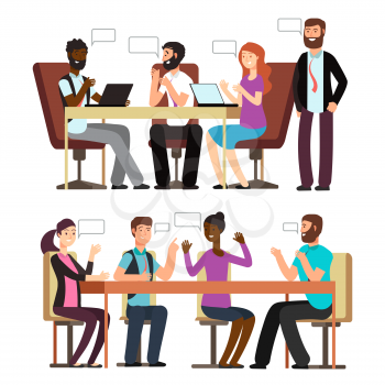 International businesspeople have conversation in different business situations in office. Vector illustration