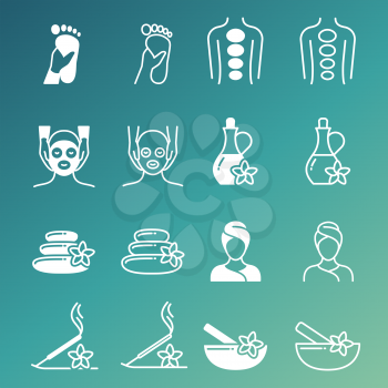 Line and outline massage and relaxing vector icons isolated on green background illustration