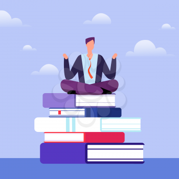 Literate man sits on pile of books. Self education vector concept. Illustration of worker guy education and study