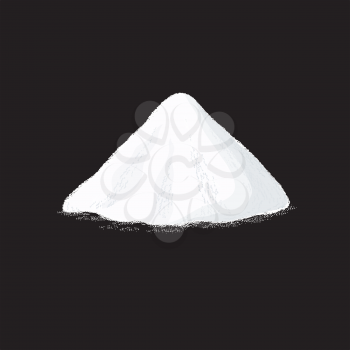Salt pile. White sugar powder heap vector illustration on black background. Powder heap natural, salt or soda