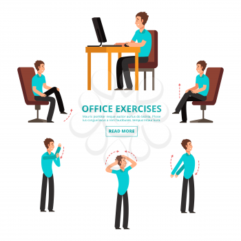 Office exercises info of set vector illustration. Office body exercise, stretching and tension for health