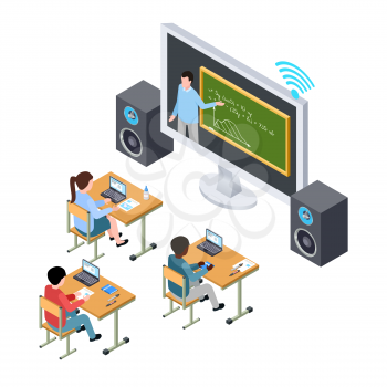 Online education vector concept. International students and teacher on the screen. Illustration of education with computer online