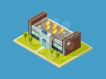 Shopping mall isometric vector design. The shopping center takes in money concept illustration