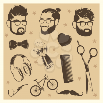 Vector hipster elements set - male heads, scissors, bow tie, bicycle illustration