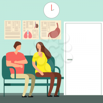 Very pregnant woman and man waiting for a doctor vector illustration