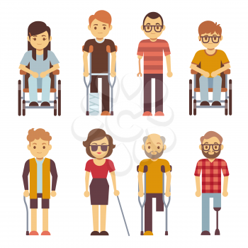 Disabled persons vector flat icons. Disabled in wheelchair, disability character young illustration