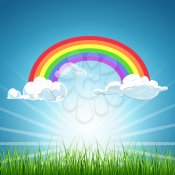 Vector rainbow and clouds blue sky and grass. Background colorful image weather illustration