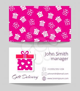 Gift delivery service business card template with color package for gift illustration