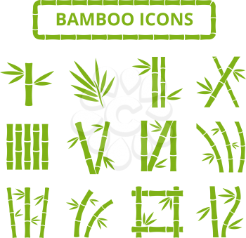 Bamboo stalks and leaves vector icons. Asian bambu zen plants isolated on white background. Stick bamboo with foliage, curve frame bamboo illustration