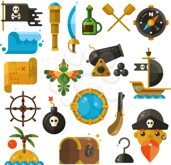 Sea adventure, pirate, weapon, treasure vector flat icons. Colored marine adventure elements, illustration of marine pirate