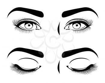 Close and open eyes of beautiful woman, long eyelashes. cosmetic model vector set. Human beauty eyes,, fashion makeup for woman eyes illustration