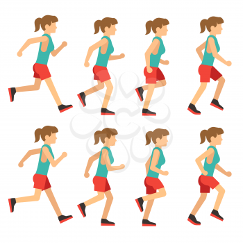 Running woman, female runner animation frame loop sequence. Animation of woman runner for game, young runner jogging. Vector illustration