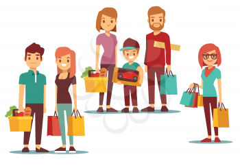 Woman and man going shopping with bags vector shopping people set. Family doing shopping illustration