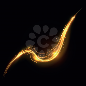Shiny gold glowing lines swirl trail, golden smoke vector light effect for cosmetics presentation. Curve golden trail illustration, glowing line tail for decoration