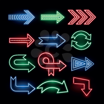 Retro neon direction arrow vector signs, icons. Neon arrow electric illuminated illustration